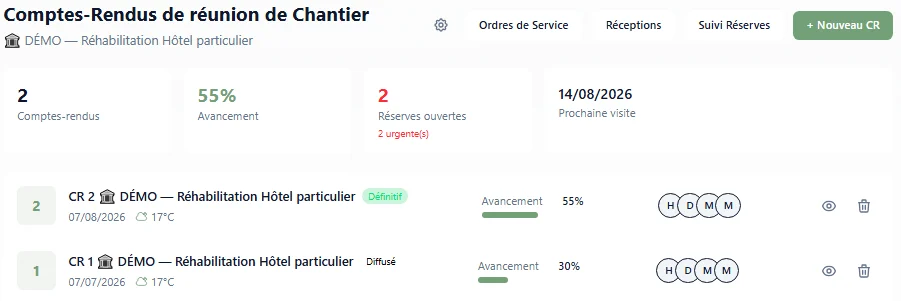 La liste des comptes-rendus d'un chantier, avec leur statut diffusé ou définitif
